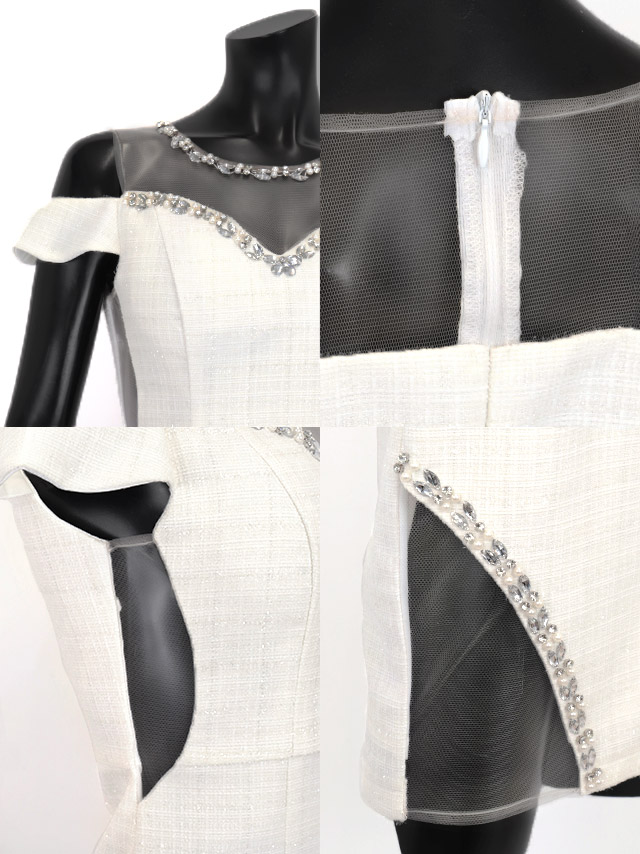肩あきヌーディービジューパール切り替えくびれラメツイードタイトミニドレスの商品特徴