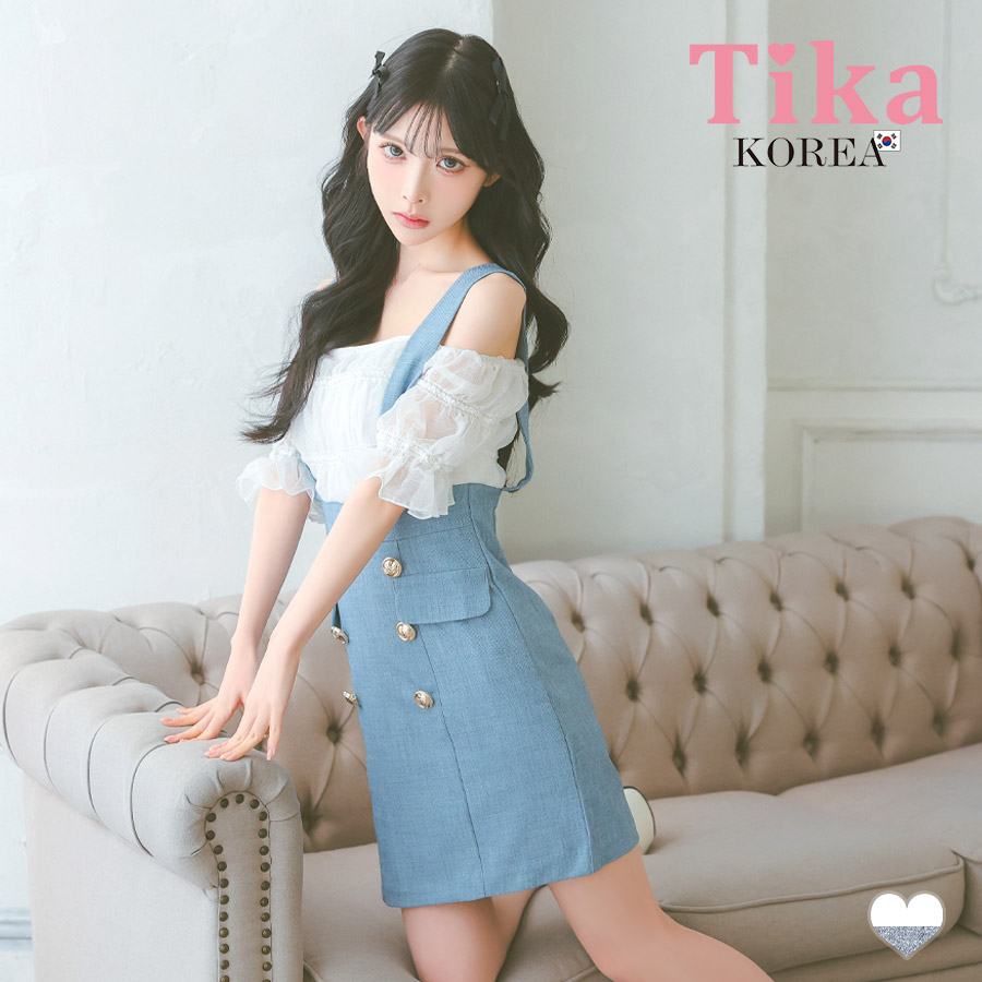 韓国ドレス] ミニドレス サロペット風 肩出し 二の腕カバー ギャザー タイト キャバドレスのメイン画像