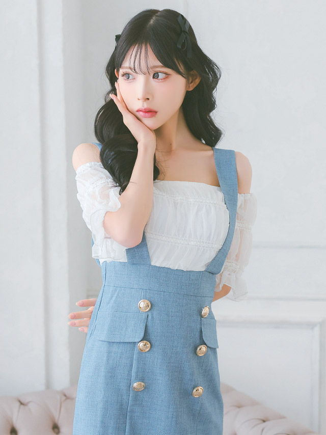 韓国ドレス] ミニドレス サロペット風 肩出し 二の腕カバー ギャザー タイト キャバドレスのイメージ画像4