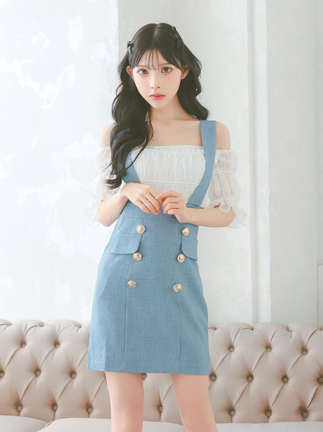 韓国ドレス] ミニドレス サロペット風 肩出し 二の腕カバー ギャザー タイト キャバドレスのイメージ画像4