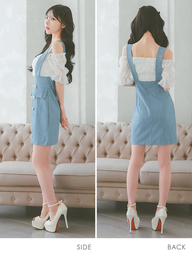 韓国ドレス] ミニドレス サロペット風 肩出し 二の腕カバー ギャザー タイト キャバドレスのサイドバッグ全身