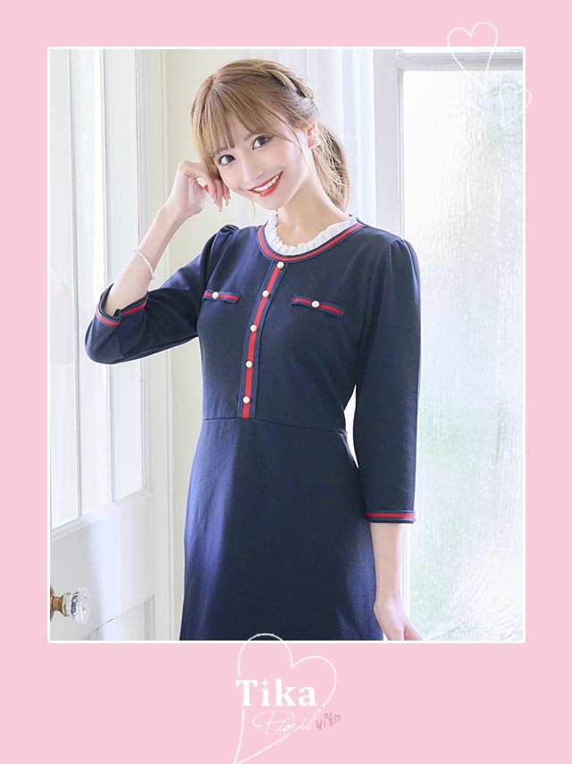 韓国ドレス 袖ありトリコロールカラーガーリースタイルフレア膝丈ストレッチプチプラドレスワンピースのイメージ画像1