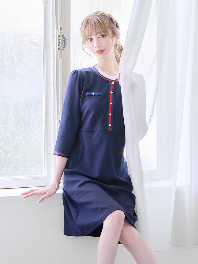韓国ドレス 袖ありトリコロールカラーガーリースタイルフレア膝丈ストレッチプチプラドレスワンピースのイメージ画像3