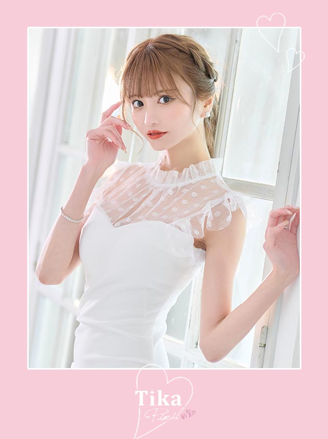 韓国ドレス ハイネックシアードット柄ノースリーブフリル袖レディスタイルストレッチタイトミニドレスのイメージ画像1
