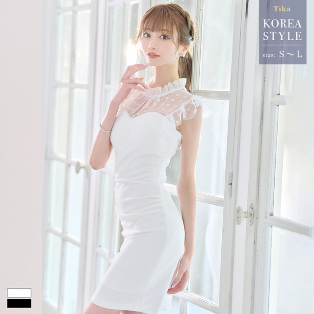 韓国ドレス ハイネックシアードット柄ノースリーブフリル袖レディスタイルストレッチタイトミニドレスのメイン画像