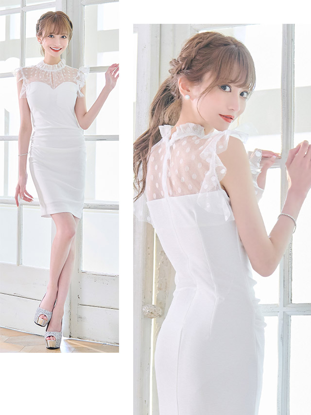 韓国ドレス ハイネックシアードット柄ノースリーブフリル袖レディスタイルストレッチタイトミニドレスのイメージ画像2