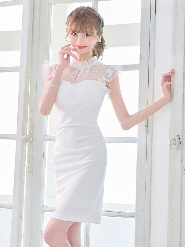 韓国ドレス ハイネックシアードット柄ノースリーブフリル袖レディスタイルストレッチタイトミニドレスのイメージ画像3
