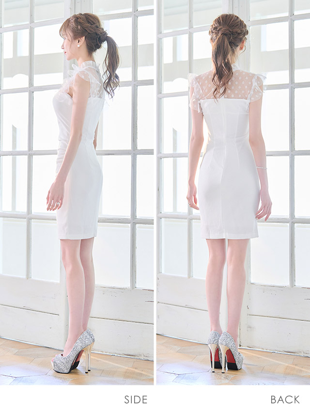 韓国ドレス ハイネックシアードット柄ノースリーブフリル袖レディスタイルストレッチタイトミニドレスの全身サイドバック画像