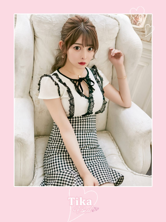 韓国ドレス ネックリボンレース裾フリルチェックミニドレス