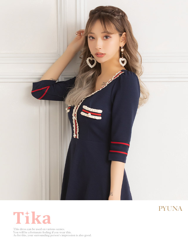 韓国ドレス 異素材配色ラインフレアガーリースタイル袖ありパフスリーブミニドレス