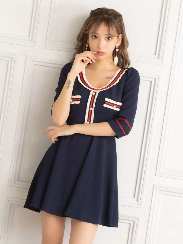 韓国ドレス 異素材配色ラインフレアガーリースタイル袖ありパフスリーブミニドレス