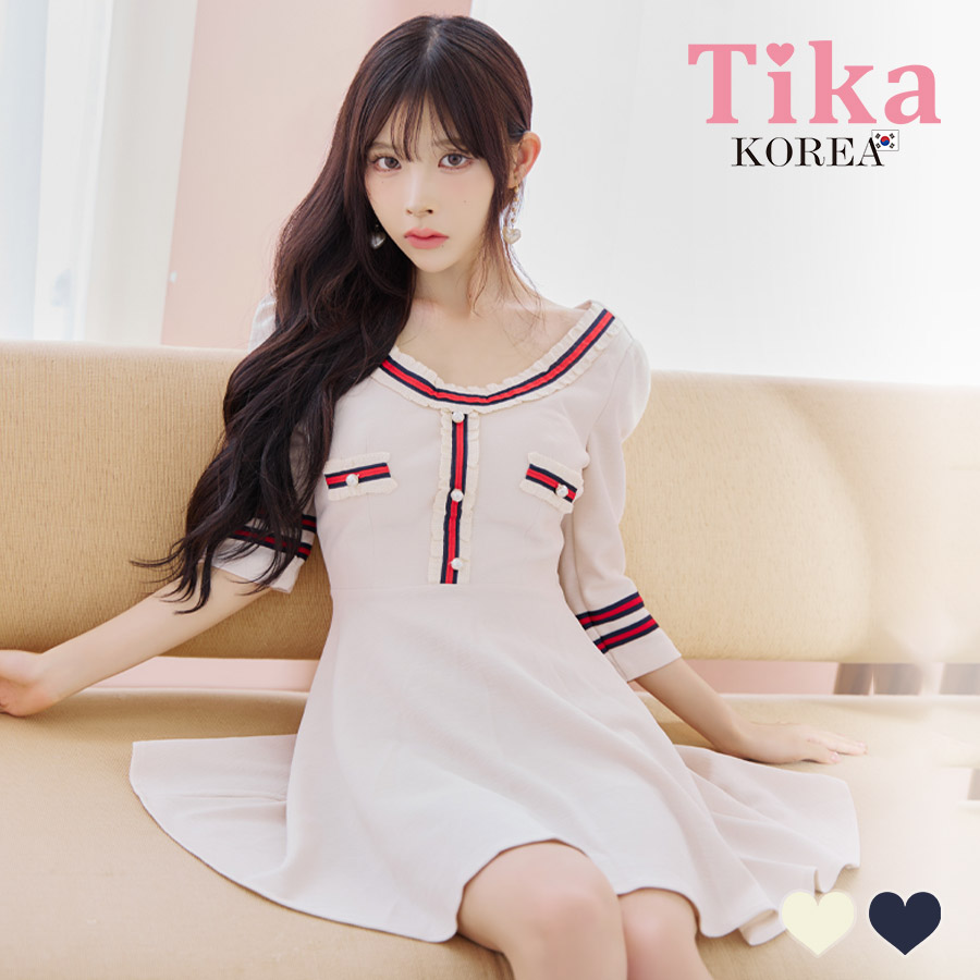 [韓国ドレス] ミニドレス 袖あり パフスリーブ トリコロール ワンピース Aライン キャバドレスのメイン画像