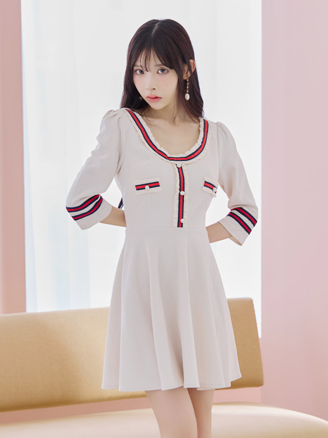 [韓国ドレス] ミニドレス 袖あり パフスリーブ トリコロール ワンピース Aライン キャバドレスのイメージ画像3