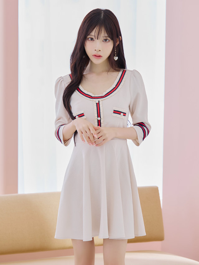 [韓国ドレス] ミニドレス 袖あり パフスリーブ トリコロール ワンピース Aライン キャバドレスのイメージ画像4