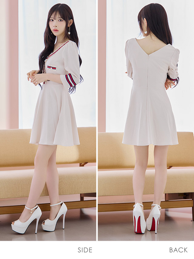 [韓国ドレス] ミニドレス 袖あり パフスリーブ トリコロール ワンピース Aライン キャバドレスのサイドバッグ全身