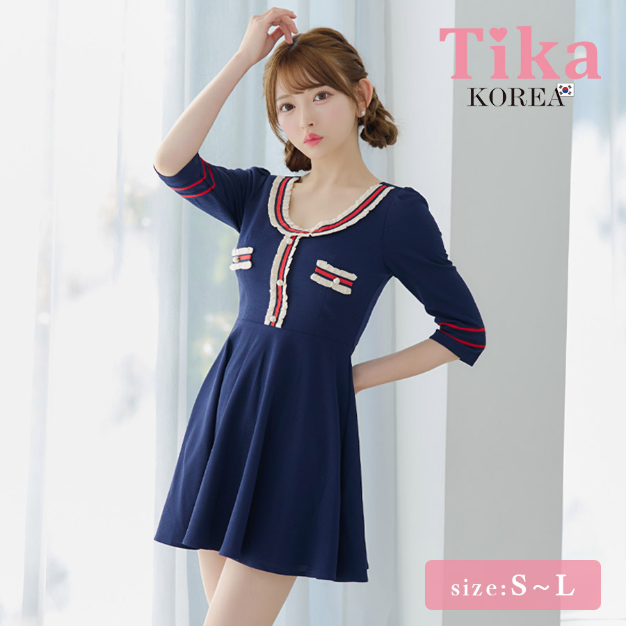 [韓国ドレス] ミニドレス 袖あり パフスリーブ トリコロール ワンピース Aライン キャバドレスのメイン画像