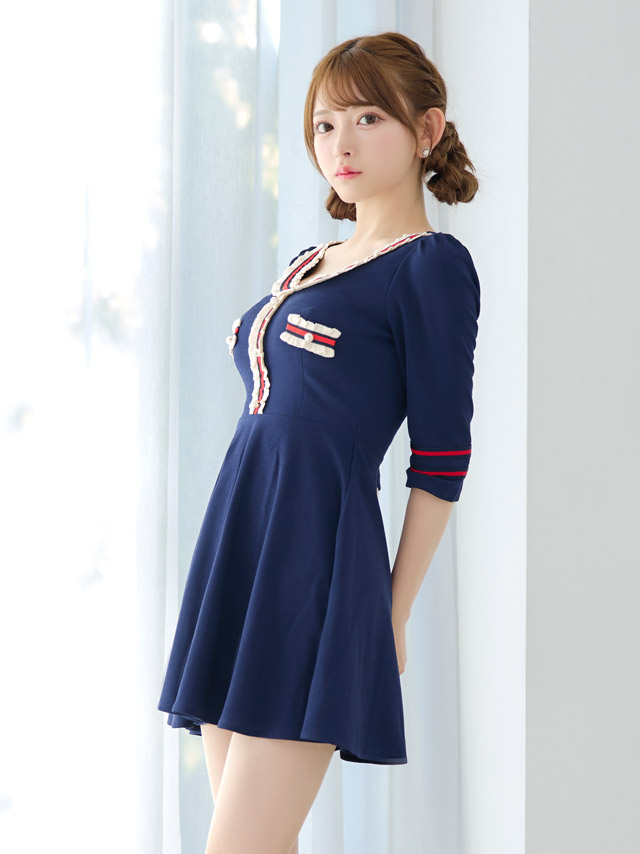 [韓国ドレス] ミニドレス 袖あり パフスリーブ トリコロール ワンピース Aライン キャバドレスのイメージ画像4