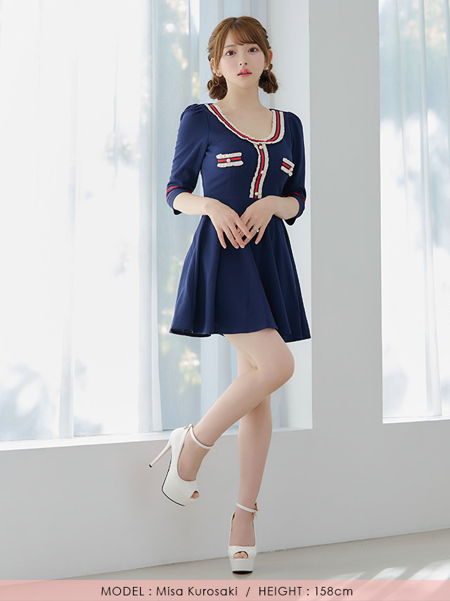 [韓国ドレス] ミニドレス 袖あり パフスリーブ トリコロール ワンピース Aライン キャバドレスのフロント全身