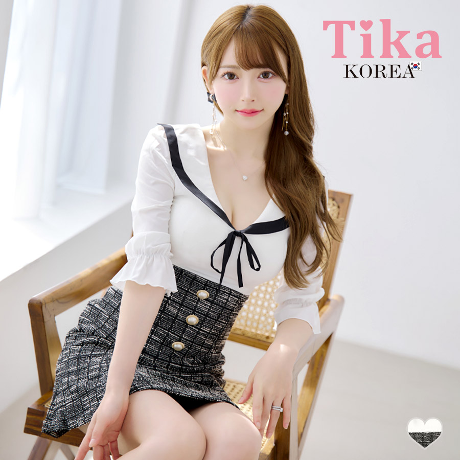 [韓国ドレス] ミニドレス 襟付き ネックリボン シフォン パフスリーブ ツイード チェック柄 袖あり 五分袖 Aライン キャバドレスのメイン画像