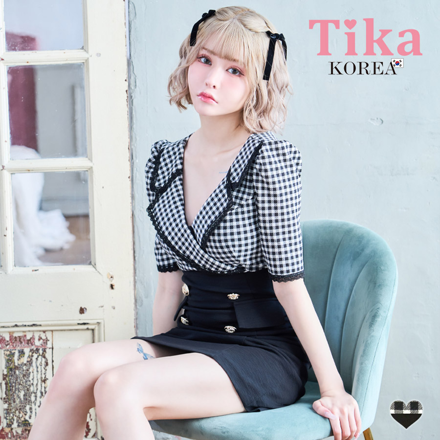 [韓国ドレス] ワンピース タイト ミニドレス ギンガムチェック柄 袖あり 襟付き テーラード パフスリーブ 五分袖 ブラジャーのままキャバドレスのメイン画像