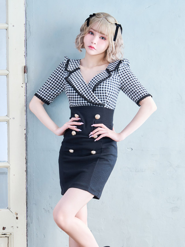 [韓国ドレス] ワンピース タイト ミニドレス ギンガムチェック柄 袖あり 襟付き テーラード パフスリーブ 五分袖 ブラジャーのままキャバドレスのイメージ画像3