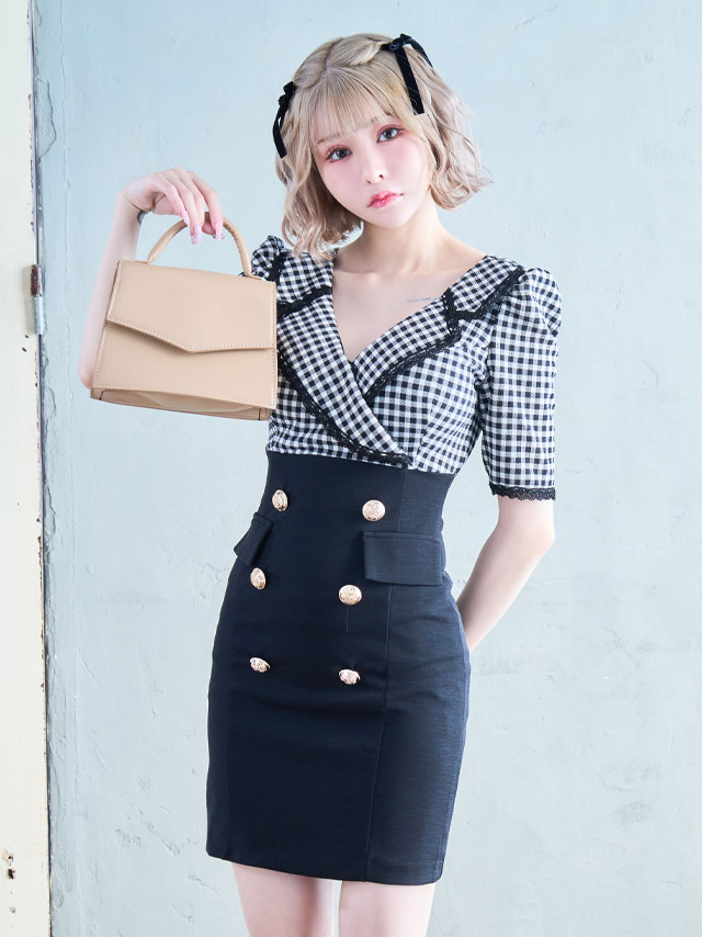 [韓国ドレス] ワンピース タイト ミニドレス ギンガムチェック柄 袖あり 襟付き テーラード パフスリーブ 五分袖 ブラジャーのままキャバドレスのイメージ画像4