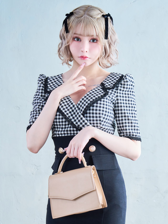 [韓国ドレス] ワンピース タイト ミニドレス ギンガムチェック柄 袖あり 襟付き テーラード パフスリーブ 五分袖 ブラジャーのままキャバドレスのイメージ画像4