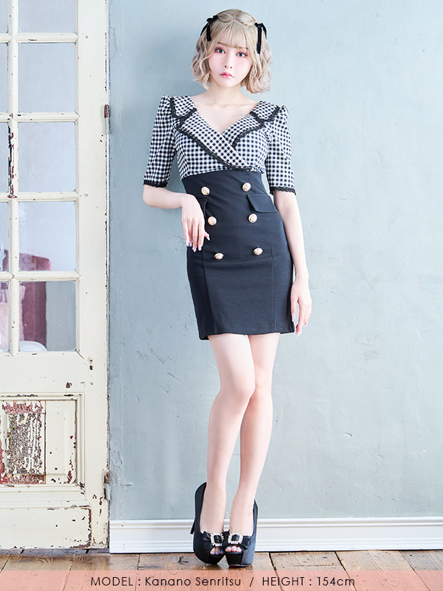[韓国ドレス] ワンピース タイト ミニドレス ギンガムチェック柄 袖あり 襟付き テーラード パフスリーブ 五分袖 ブラジャーのままキャバドレスのフロント全身