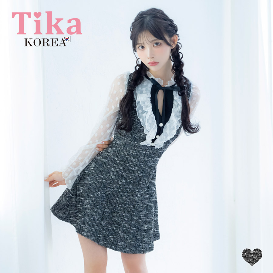 [韓国ドレス] ミニドレス フリル ドット柄 シースルー 長袖 ネックリボン バストカット 谷間魅せ Aライン キャバドレスのメイン画像