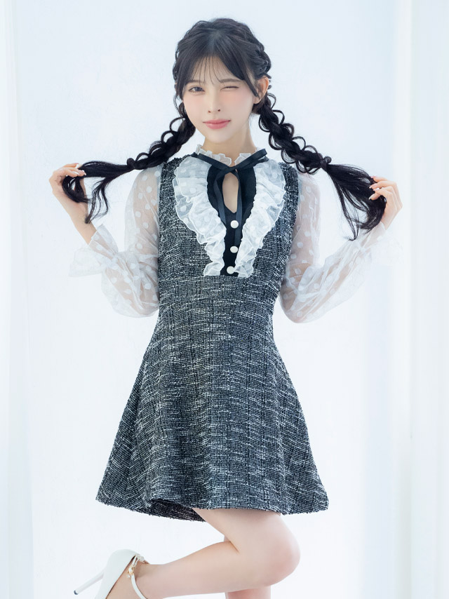 [韓国ドレス] ミニドレス フリル ドット柄 シースルー 長袖 ネックリボン バストカット 谷間魅せ Aライン キャバドレスのイメージ画像4