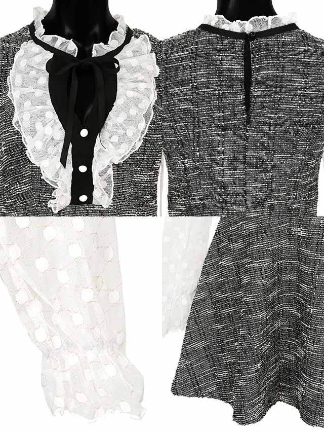 [韓国ドレス] ミニドレス フリル ドット柄 シースルー 長袖 ネックリボン バストカット 谷間魅せ Aライン キャバドレスの商品特徴1