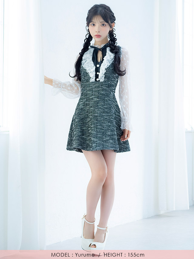 [韓国ドレス] ミニドレス フリル ドット柄 シースルー 長袖 ネックリボン バストカット 谷間魅せ Aライン キャバドレスのフロント全身