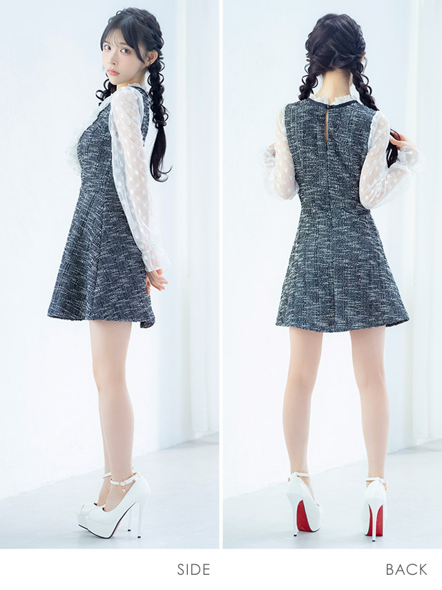 [韓国ドレス] ミニドレス フリル ドット柄 シースルー 長袖 ネックリボン バストカット 谷間魅せ Aライン キャバドレスのサイドバッグ全身