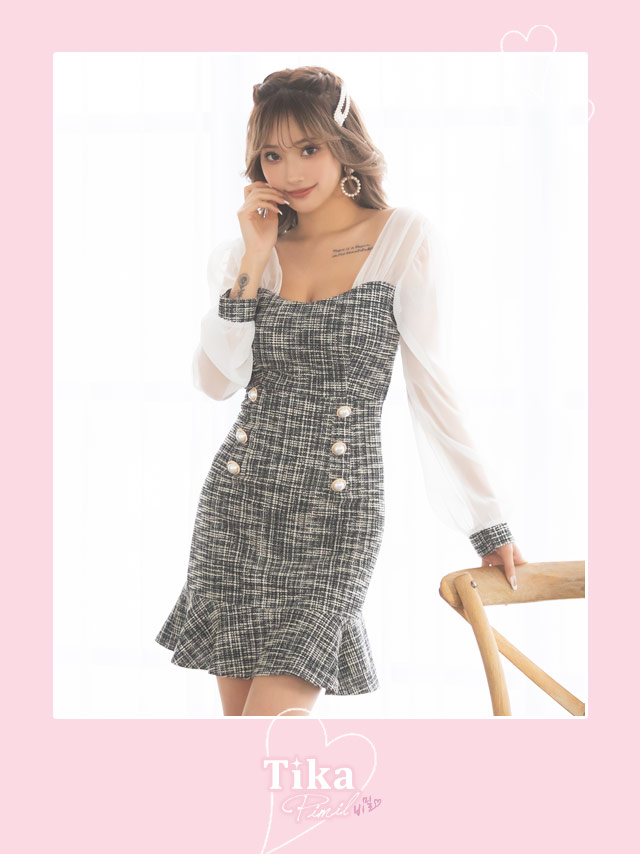 シアー長袖ツイード裾フリルレディスタイルタイトミニドレスのイメージ画像1