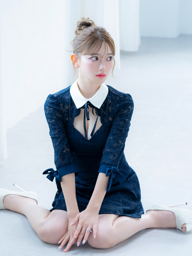 [韓国ドレス] ミニドレス 襟付き ネックリボン 総レース 袖あり 七分袖 Aライン キャバドレスのイメージ画像3