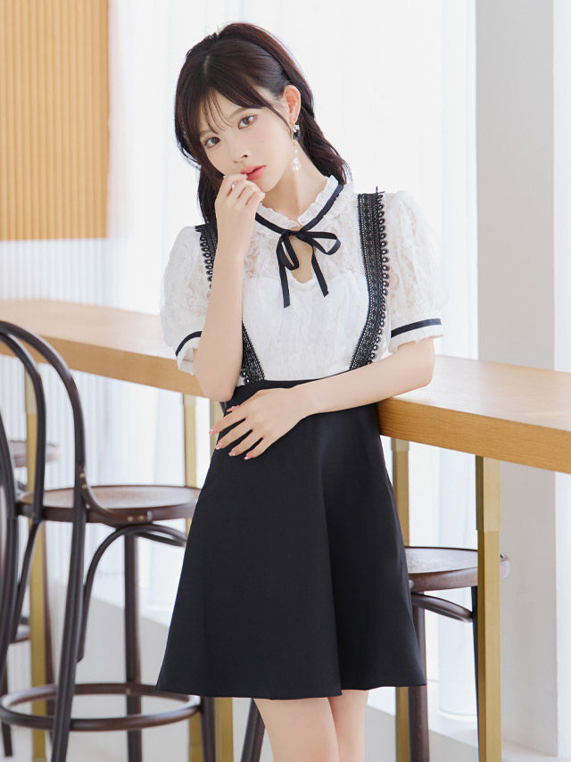 [韓国ドレス] ミニドレス サロペ風 モノトーン 半袖 ネックリボン Aライン キャバドレスのイメージ画像3