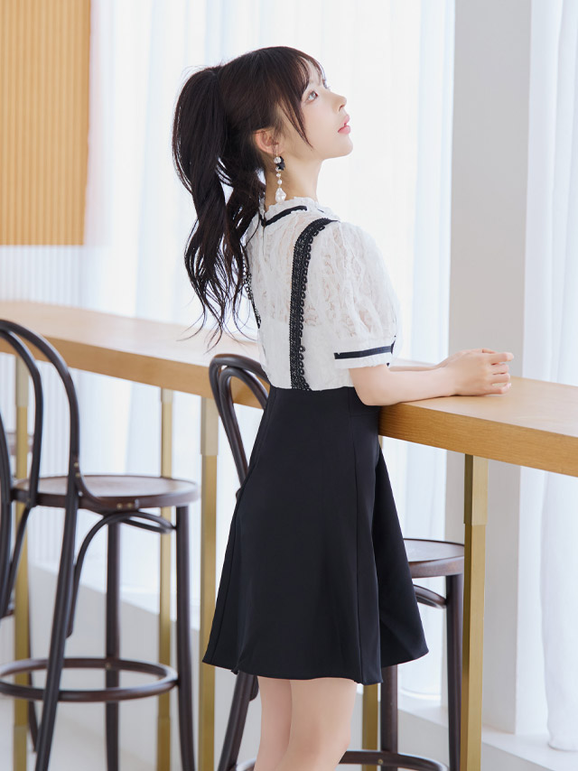 [韓国ドレス] ミニドレス サロペ風 モノトーン 半袖 ネックリボン Aライン キャバドレスのイメージ画像4