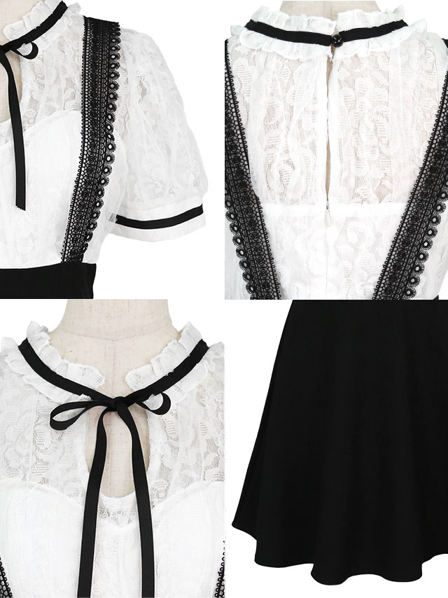 [韓国ドレス] ミニドレス サロペ風 モノトーン 半袖 ネックリボン Aライン キャバドレスの商品特徴1