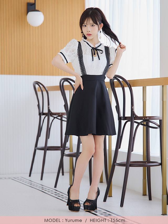 [韓国ドレス] ミニドレス サロペ風 モノトーン 半袖 ネックリボン Aライン キャバドレスのフロント全身