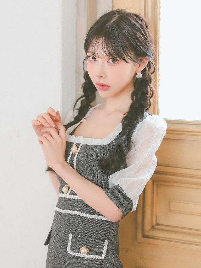 [韓国ドレス] ミニドレス 袖あり パフスリーブ スクエアネック タイト キャバドレスのイメージ画像3