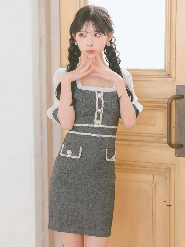 [韓国ドレス] ミニドレス 袖あり パフスリーブ スクエアネック タイト キャバドレスのイメージ画像4