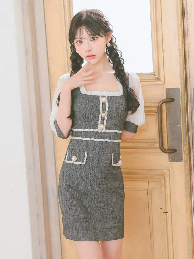 [韓国ドレス] ミニドレス 袖あり パフスリーブ スクエアネック タイト キャバドレスのイメージ画像4