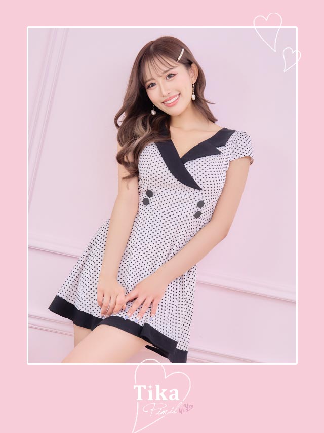 韓国ドレス 半袖カシュクールネックダブルボタンドット柄ガーリースタイルフレアミニドレスのイメージ画像1