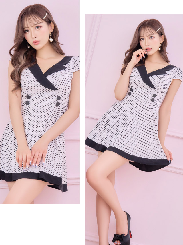 韓国ドレス 半袖カシュクールネックダブルボタンドット柄ガーリースタイルフレアミニドレスのイメージ画像2