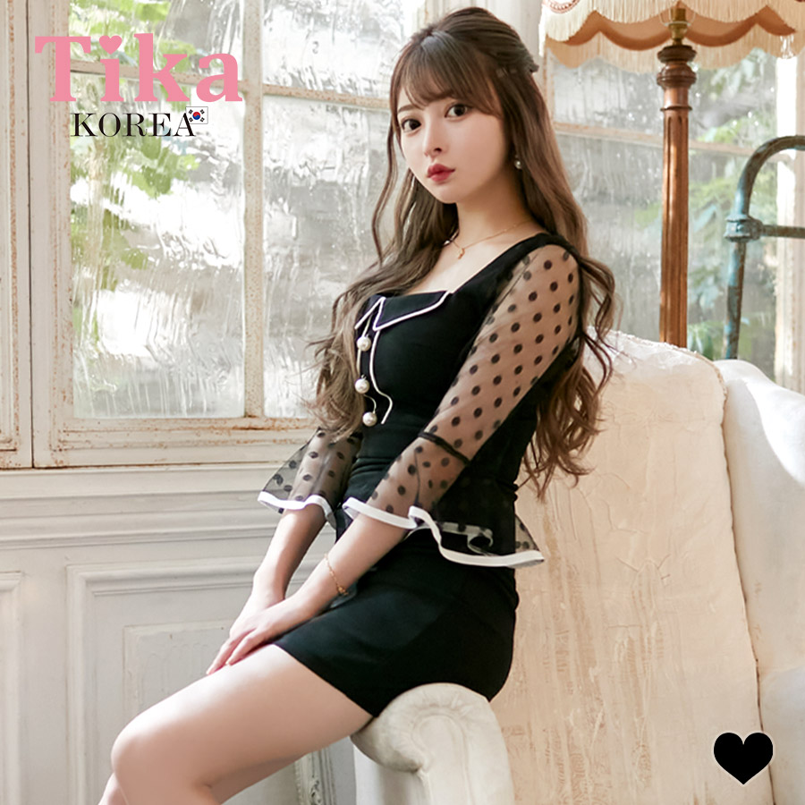 [韓国ドレス] ミニドレス ドット柄 シースルー パフスリーブ 袖あり 七分袖 タイト キャバドレスのメイン画像