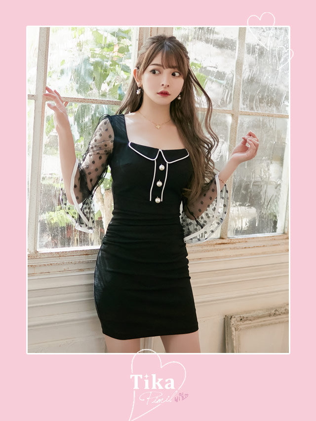 韓国ドレス ドットシースルーベルスリーブタイトミニドレス