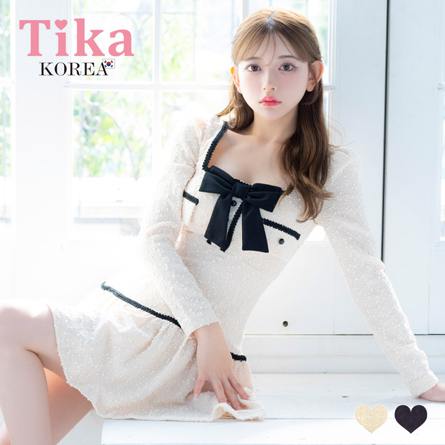 [韓国ドレス] ミニドレス ニット ワンピース 長袖 ブラジャーのまま Aライン キャバドレスのメイン画像