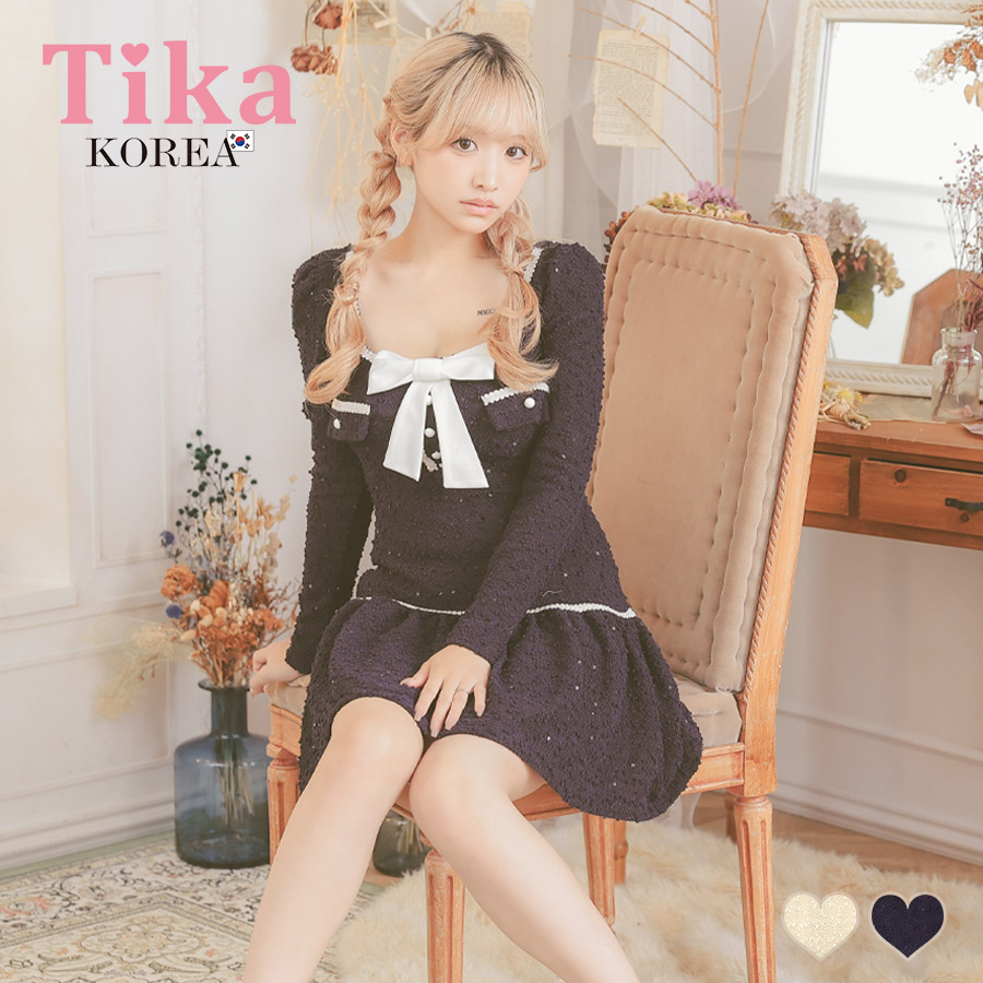 [韓国ドレス] ミニドレス ニット ワンピース 長袖 ブラジャーのまま Aライン キャバドレスのメイン画像