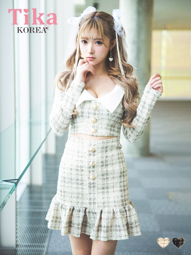 [韓国ドレス] 長袖 チェック柄 襟付き ウエストカットアウト フロントボタン ガーリー タイトミニドレスのメイン画像