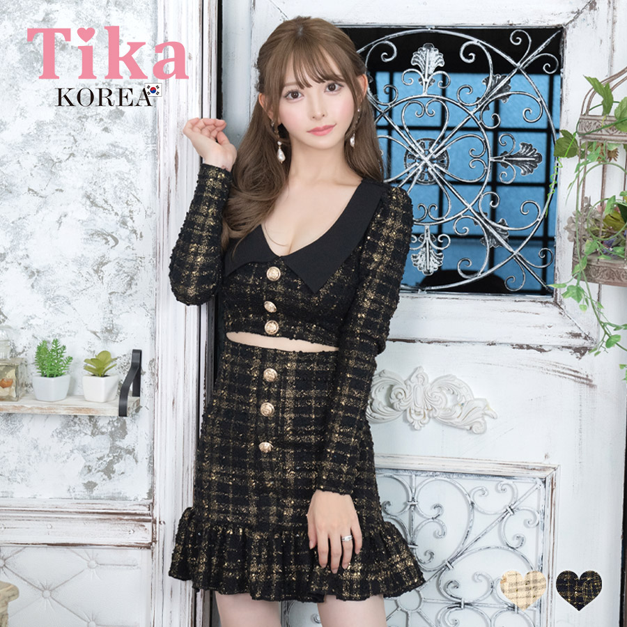 [韓国ドレス] ワンピース 長袖 襟付き 裾フリル ガーリー チェック柄 Aラインミニ キャバドレスのメイン画像